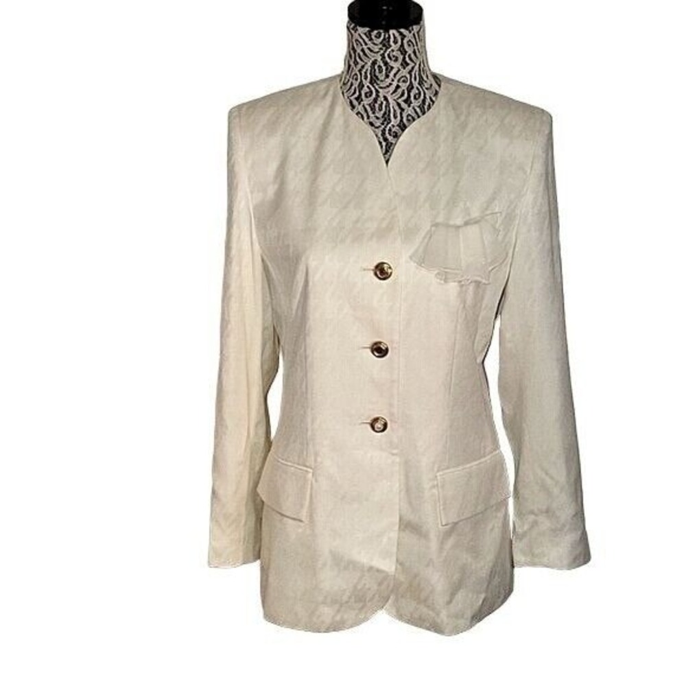 KASPER NEW Vintage Blazer Houndstooth Pattern Ruffle Pocket‎ Gold Buttons Cream